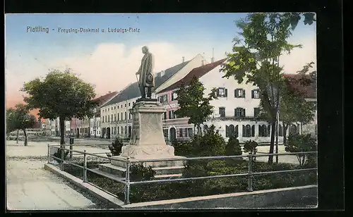 AK Plattling, Freysing-Denkmal und Ludwigs-Platz