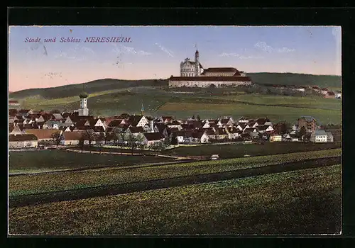 AK Neresheim, Stadt und Schloss mit Feldern aus der Vogelschau