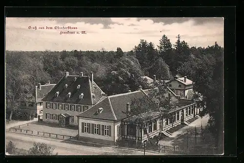 AK Frankfurt-Niederrad, Gasthof Oberforsthaus aus der Vogelschau