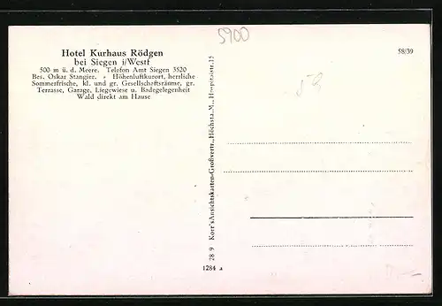 AK Rödgen Kreis Siegen, Hotel und Kurhaus, Frontansicht