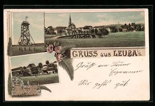 Lithographie Leuba /Sachsen, Gesamtansicht, Aussichtsturm