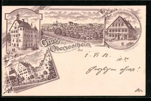 Lithographie Obersontheim, Rathaus, Schubarts Geburtshaus, Gesamtansicht, Schloss