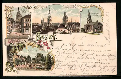 Lithographie Soest, St. Thomas Kirche, Rathausstrasse mit Dom, Schützenhof