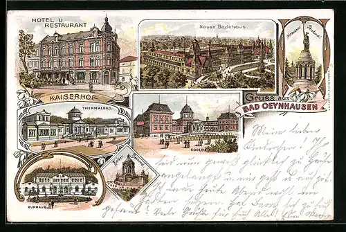 Lithographie Bad Oeynhausen, Hotel u. Restaurant Kaiserhof, Kurhaus, Thermalbad