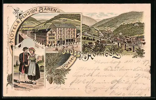 Lithographie Hornberg i. Schwarzwald, Hotel & Pension Bären, Teilansicht, Volkstracht von Gutach