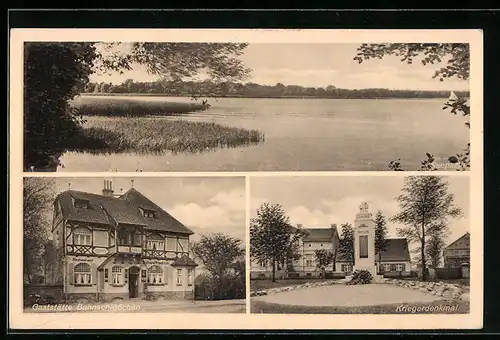 AK Rehagen, Gaststätte Bahnschlösschen, Kriegerdenmkmal