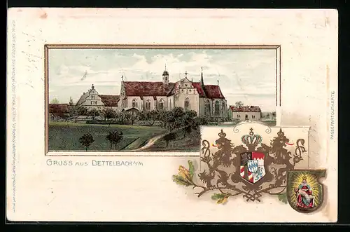 Passepartout-Lithographie Dettelbach a. M., Ortspartie mit Kirche, Wappen