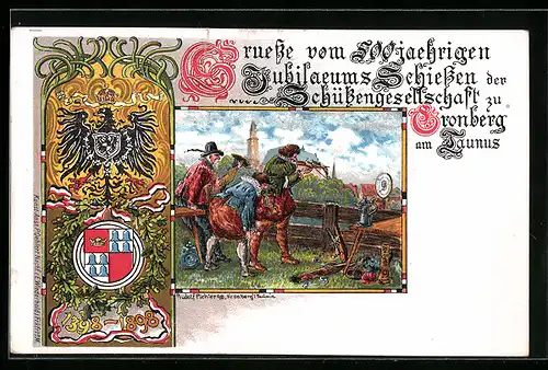 Lithographie Kronberg i. Taunus, 500 jähriges Jubiläums-Schiessen der Schützengesellschaft zu Cronberg 1898