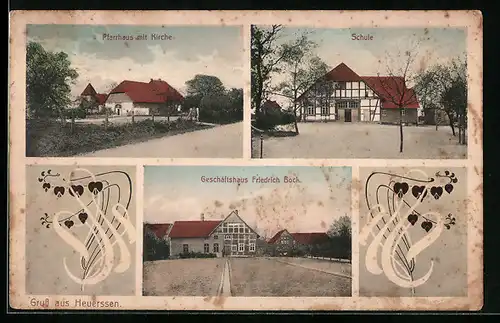 AK Heuerssen, Geschäftshaus Friedrich Bock, Schule, Pfarrhaus mit Kirche