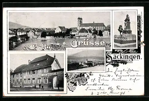 AK Säckingen, Gasthaus u. Restaruant zum goldenen Knopf, Uferpartie mit Kirche, Denkmal