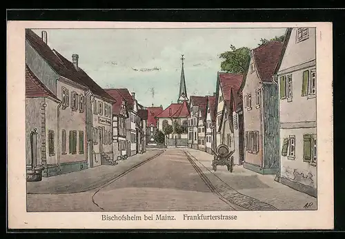 Künstler-AK Bischofsheim bei Mainz, Frankfurterstrasse mit Geschäft