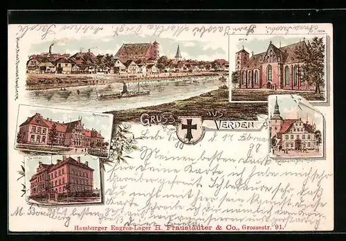 Lithographie Verden, Rathaus mit Johs.-Kirche, Gymnasium, Seminar