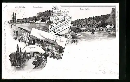 Lithographie Dürrmenz-Mühlacker, Kunstmühle, Brauerei Leo, Alte Brücke, Schloss-Ruine