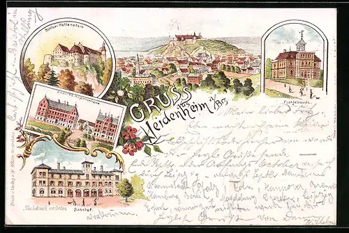 Lithographie Heidenheim a. Brz., Schloss Hellenstein, Bezirks-Krankenhaus, Bahnhof