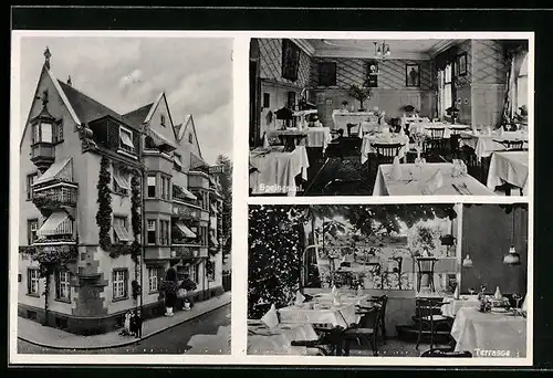 AK Freiburg in Baden, Hotel Minerva, Poststrasse 8, Innenansichten Speisesaal und Terrasse