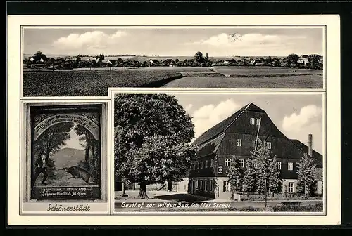 AK Schönerstädt, Gasthof zur wilden Sau M. Streul, Gemälde, Ortspanorama mit Feldern