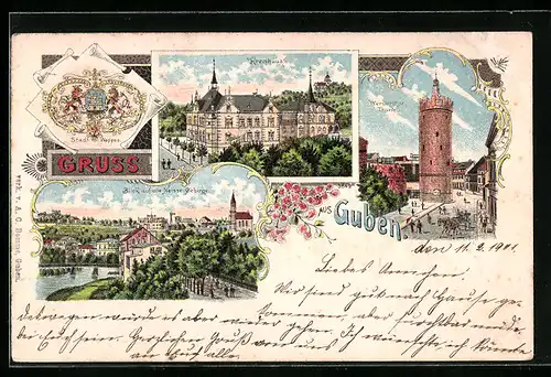 Lithographie Guben, Werderthor-Thurm, Stadtwappen, Kreishaus, Ortsansicht