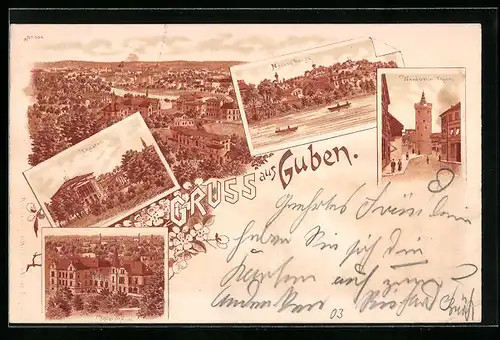 Lithographie Guben, Theater, Kreishaus, Werderthor Turm
