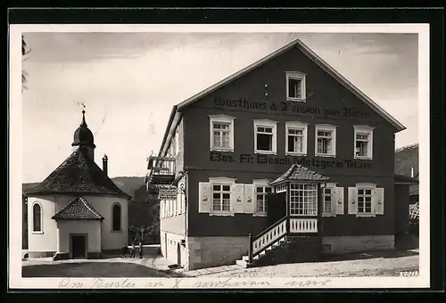 AK Bernbach bei Herrenalb, Gasthaus & Pension zum Bären Fr. Besch mit Strasse und Kapelle