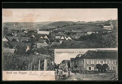 AK Auggen, Gasthof zum Erbprinzen J. Räuber mit Strasse, Ortsansicht mit Fernblick aus der Vogelschau