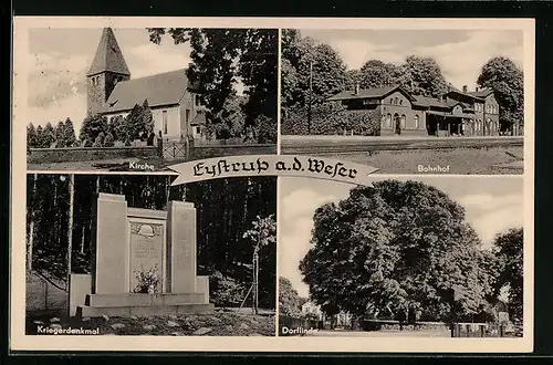 AK Eystrup /Weser, Bahnhof, Dorflinde, Kriegerdenkmal