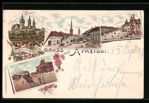 Lithographie Arnstadt, Markt, Bahnhof, Liebfrauenkirche