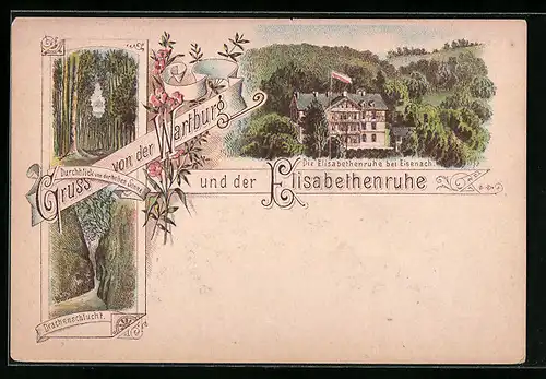 Lithographie Eisenach, Hotel Elisabethenruhe mit der Wartburg und der Drachenschlucht