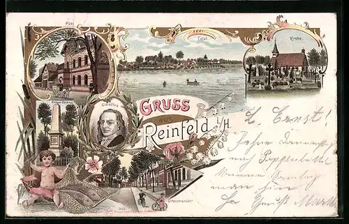 Lithographie Reinfeld i. H., Post, Glaudius im Portrait, Krieger-Denkmal, Kirche und Strassenansicht