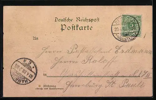 Lithographie Reinfeld i. H., Post, Glaudius im Portrait, Krieger-Denkmal, Kirche und Strassenansicht