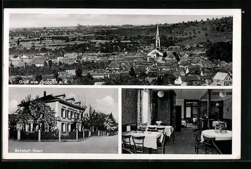 AK Ihringen a. K., Bahnhof-Hotel mit Strasse und Gastraum, Ortsansicht aus der Vogelschau