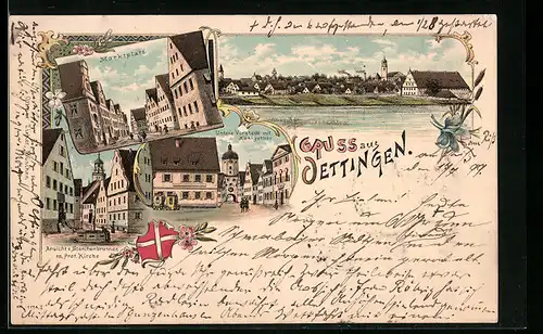 Lithographie Oettingen, Marktplatz, Untere Vorstadt mit Königsthor, Panorama, Wappen