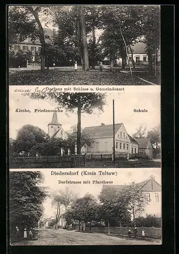 AK Diedersdorf, Dorfaue mit Schloss u. Gemeindeamt, Dorfstrasse mit Pfarrhaus, Friedenseiche, Schule
