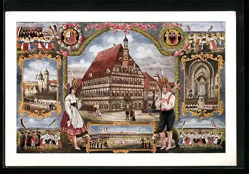 Künstler-AK Markgröningen, Volksfest Schäferlauf, Ansicht vom Rathaus