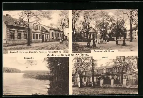 AK Rangsdorf /Kr. Teltow, Gasthof H. Ziedrich, Denkmal mit Kirche, Schloss