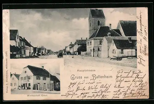 AK Battenheim, Gasthaus Wirthschaft Ernst, Hauptstrasse mit Kirche