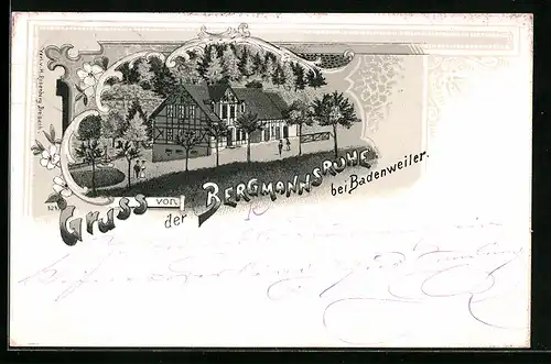 Lithographie Badenweiler, Haus Bergmannsruhe mit Strasse und Brunnen aus der Vogelschau