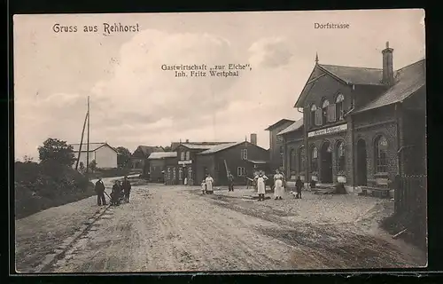 AK Rehhorst, Gasthof zur Eiche F. Westphal mit Wirtsleuten und Dorfstrasse