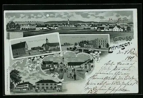 Mondschein-Lithographie Ettringen, Rechbergsches Gut, Holzstoff-Fabrik, Panorama des Ortes