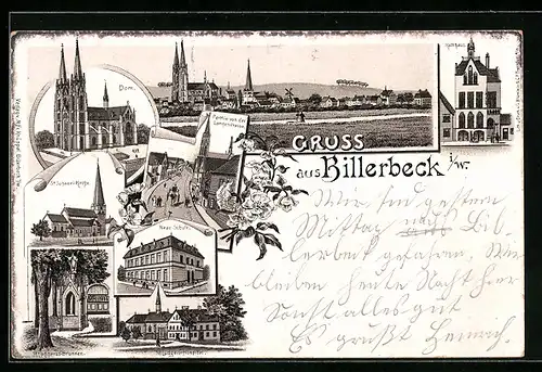 Lithographie Billerbeck, St. Ludgeri-Hospital, Neue Schule, Dom