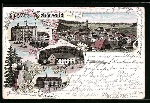 Lithographie Schönwald, Kurhotel, Gasthof z. Adler, Gasthaus z. Hirschen, Totalansicht
