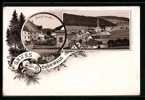 Lithographie Schönwald, Gasthof zum Adler mit näherer Umgebung, Ortsansicht aus der Vogelschau