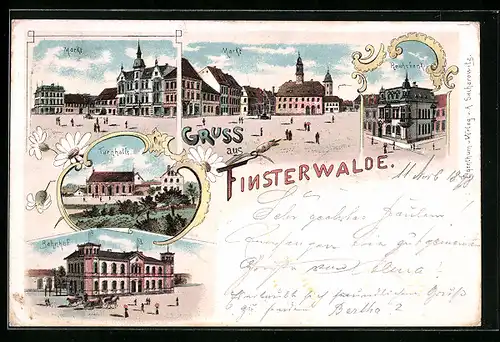 Lithographie Finsterwalde, Bahnhof, Turnhalle, Reichsbank und Ansichten des Marktes
