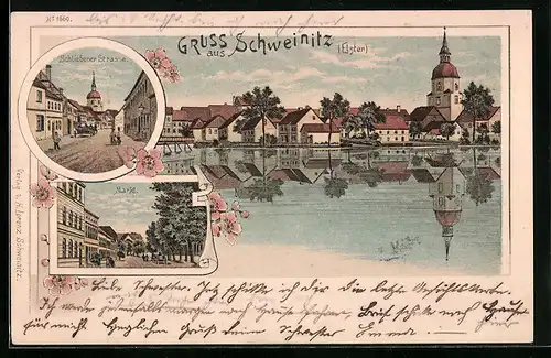Lithographie Schweinitz /Elster, Schliebener Strasse, Markt, Ortsansicht vom Wasser aus