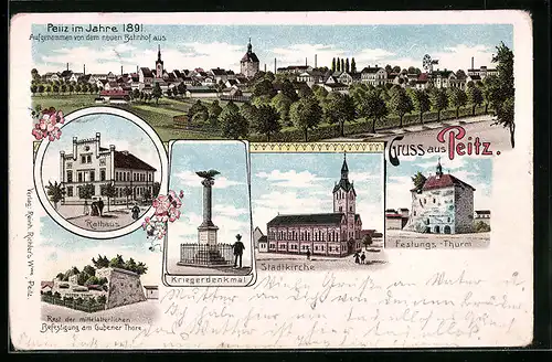 Lithographie Peitz, Ortsansicht im Jahre 1891, Rathaus, Kriegerdenkmal, Stadtkirche, Festungsturm
