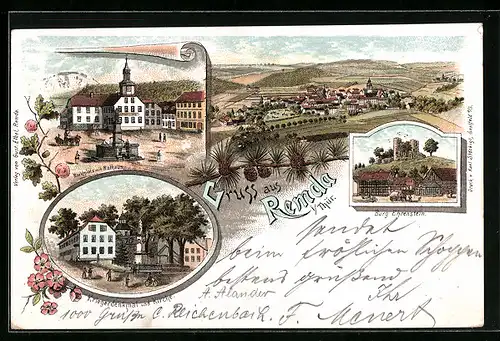Lithographie Remda /Th., Marktplatz mit Rathaus, Burg Ehrenstein, Gesamtansicht aus der Vogelschau