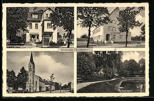 AK Glienicke /Nordbahn, Lebnsmittel- und Baugeschäft Fahrentholz, Hohenzollernstrasse, Postamt, Strassenpartie mit Kirche