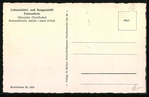 AK Glienicke /Nordbahn, Lebnsmittel- und Baugeschäft Fahrentholz, Hohenzollernstrasse, Postamt, Strassenpartie mit Kirche