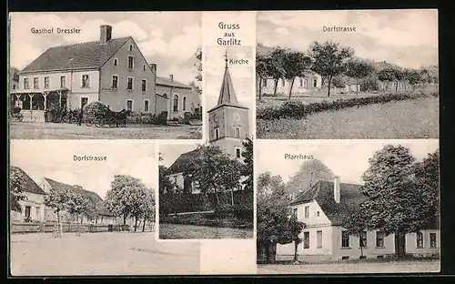 AK Garlitz, Gasthof Dressler, Kirche, Dorfstrasse, Pfarrhaus