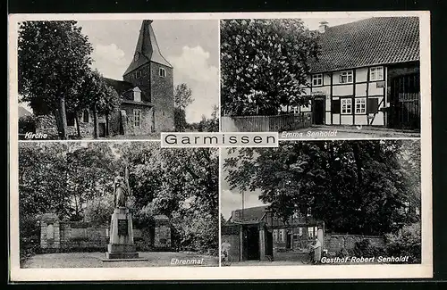 AK Garmissen, Gasthof Robert Senholdt, Kirche, Ehrenmal, Kaufhaus Emma Senholdt