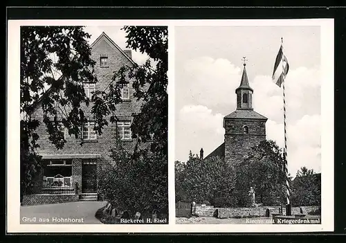 AK Hohnhorst, Bäckerei H. Eisel, Kirche mit Kriegerdenkmal